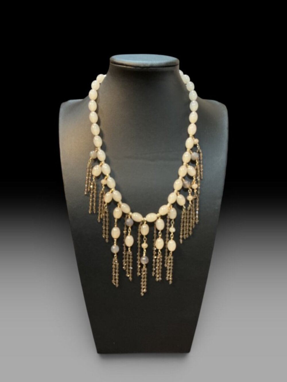 Serefina Beaded Fringe Statement Necklace Glass Acrylic Cream Gold Tone